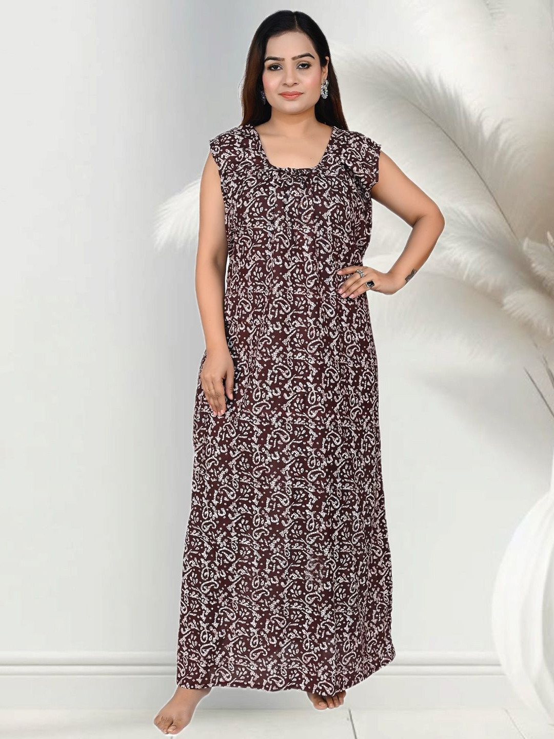 ANKONA Women Pure Cotton Sleeveless Everyday Maxi Nightdress With Side Pocket