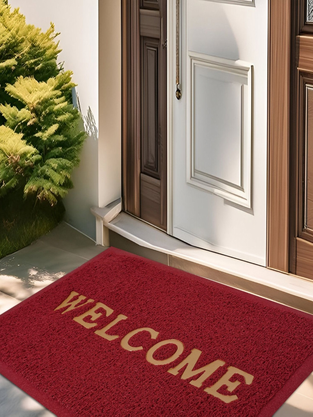 Aura Maroon & Beige Textured Anti-Skid Welcome Doormat