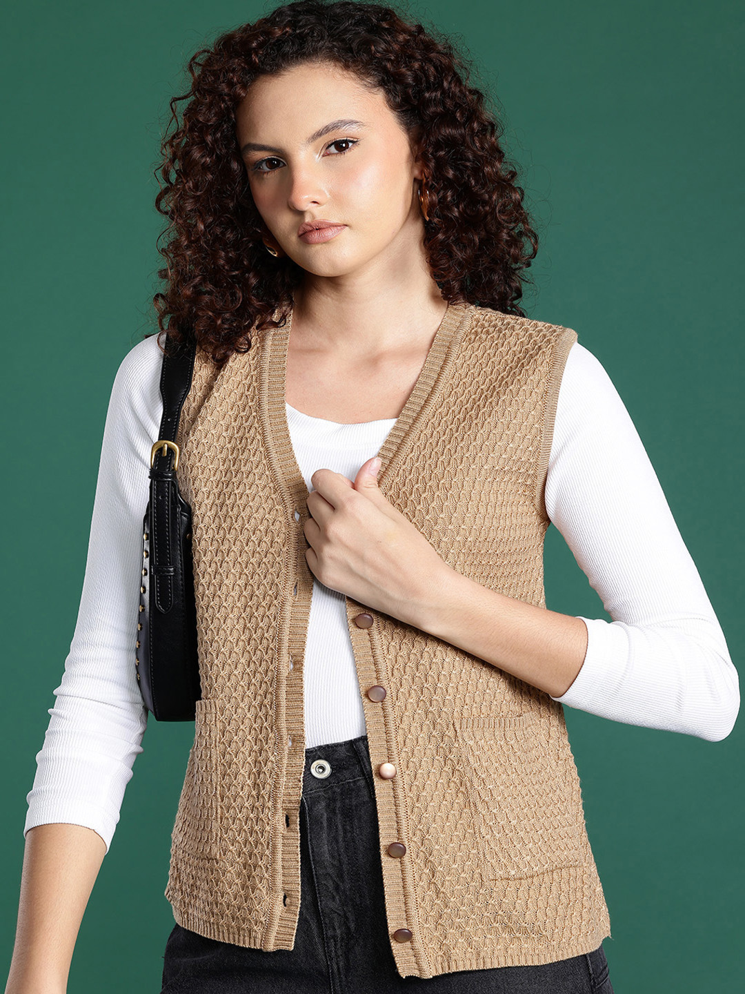Cayman Self Design Cable Knit V-Neck Sleeveless Woollen Cardigan