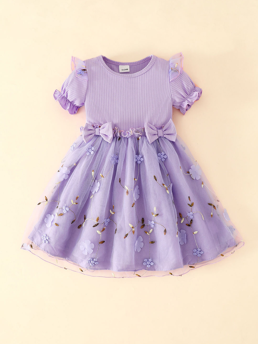 Hopscotch Kids Girls Lavender Bow Detail Floral Embroidered Dress