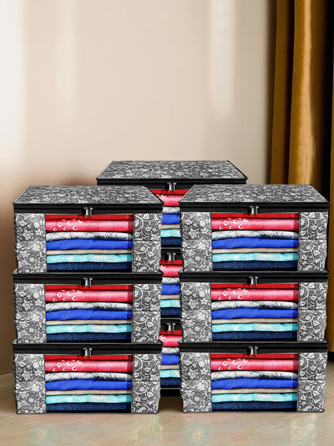 Kuber Industries Set of 9 Metallic Floral Printed Clothes Organisers Saree Cover