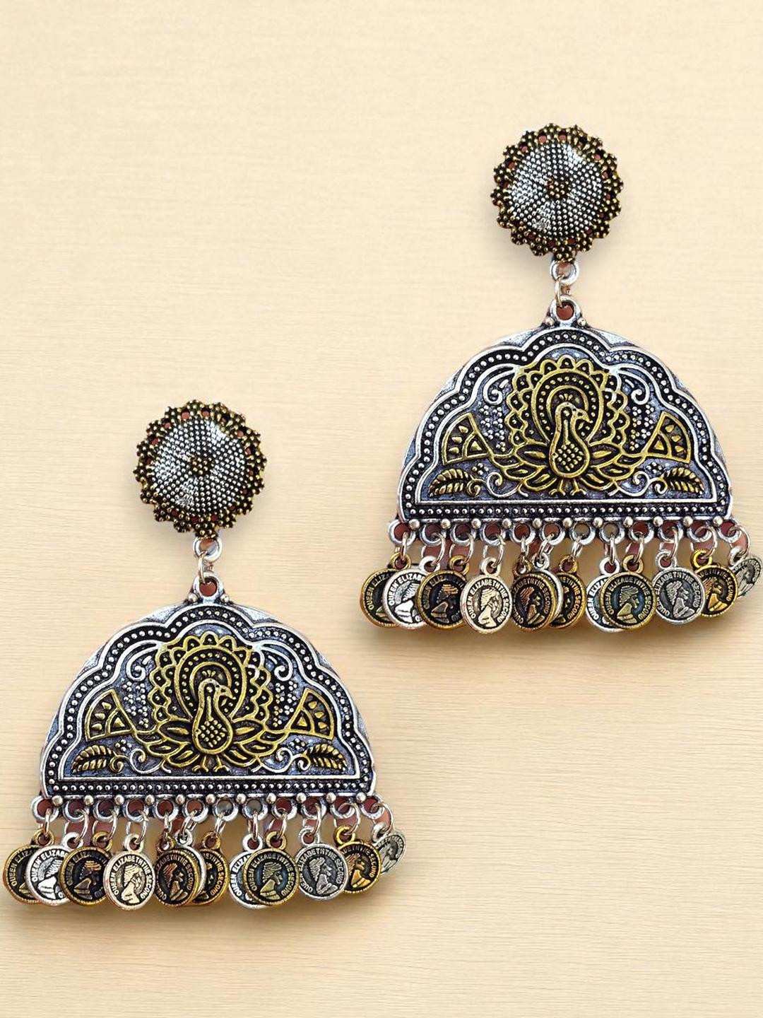 Fashioncrab Oxidised Silver Plated Dual Tone Gold and Silver Peacock Earrings