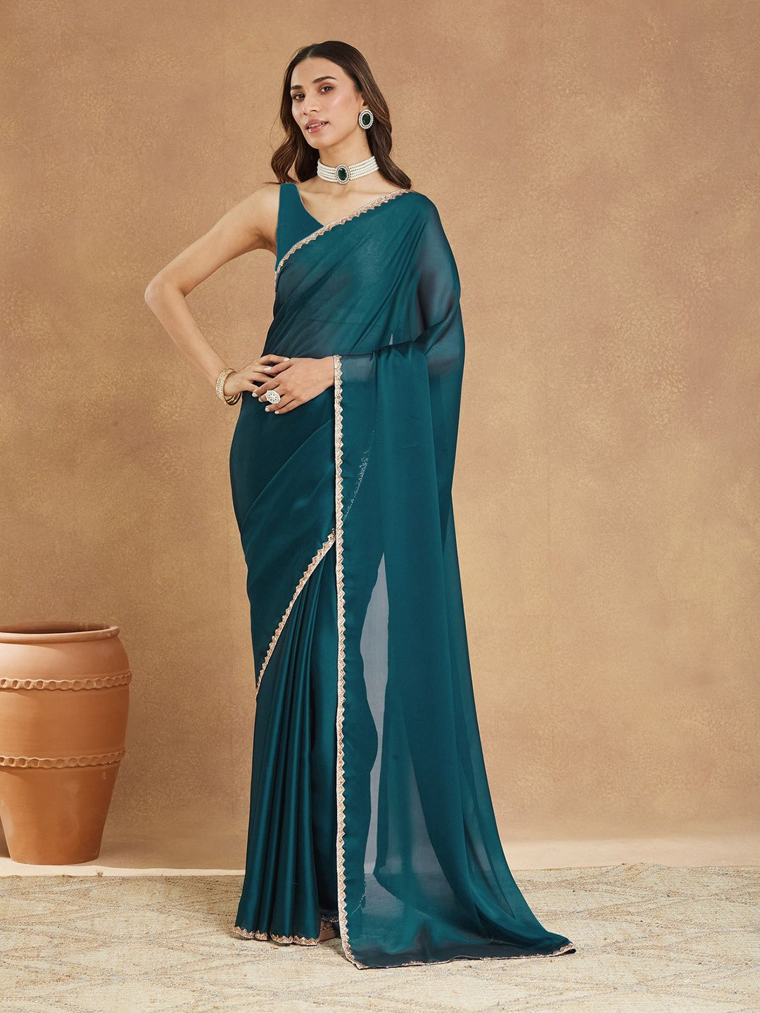 LOROFY Beads & Stones Border Chanderi Saree with Blouse Piece