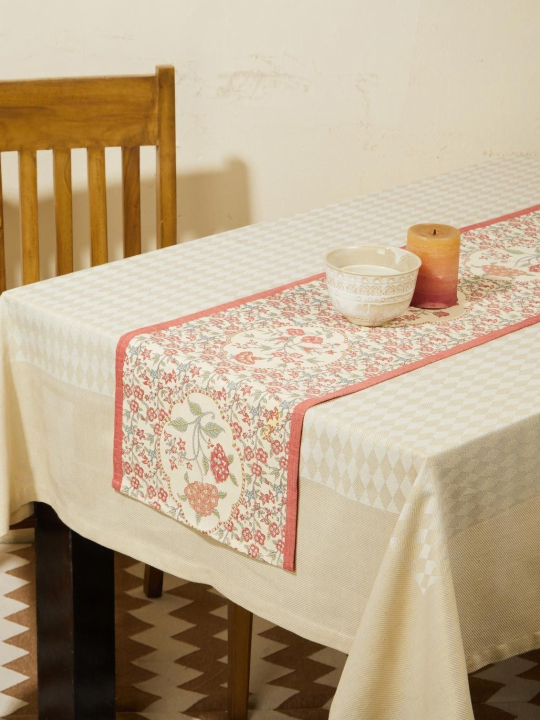 Fabindia Sienna White & Pink Printed Cotton Rectangular Table Runner