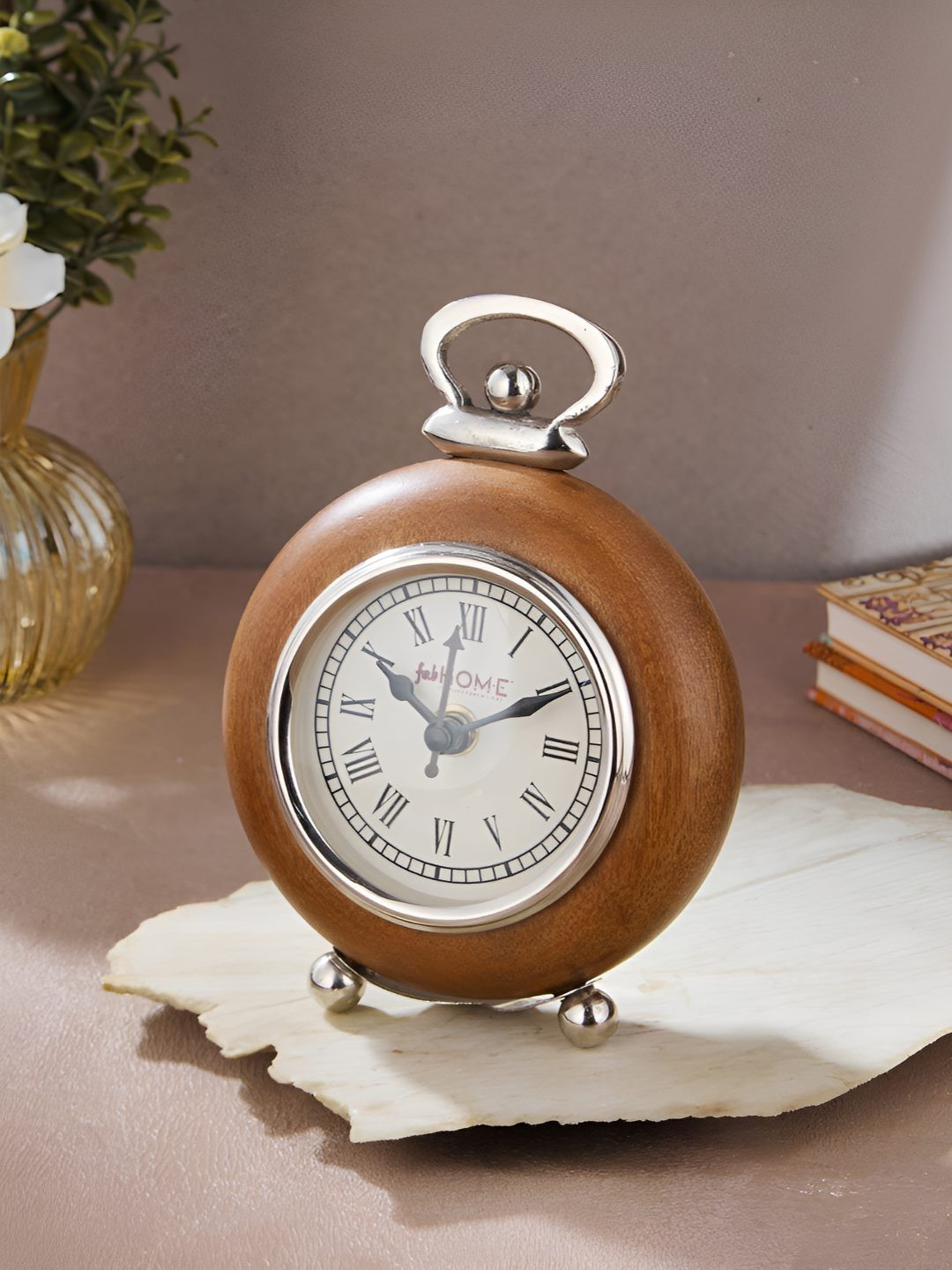 Fabindia Node Beige & White Wooden Table Clock