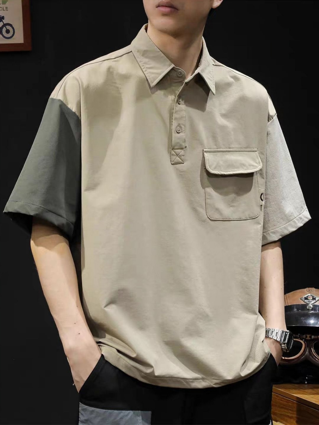 Khaki Colourblocked Polo Collar Relaxed Fit T-shirt