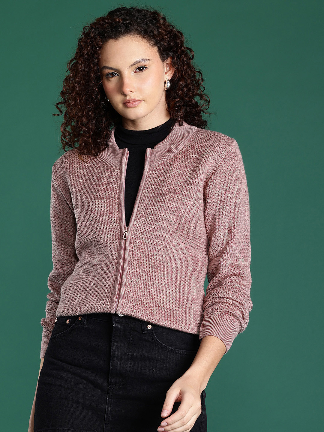 Cayman Cable Knit Round Neck Zip-Up Cardigan