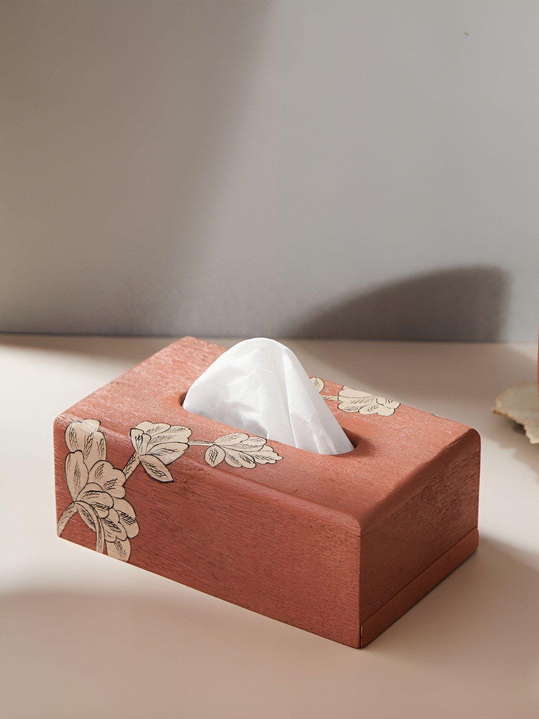 Fabindia Orange & Beige Printed Wooden Tissue Holder
