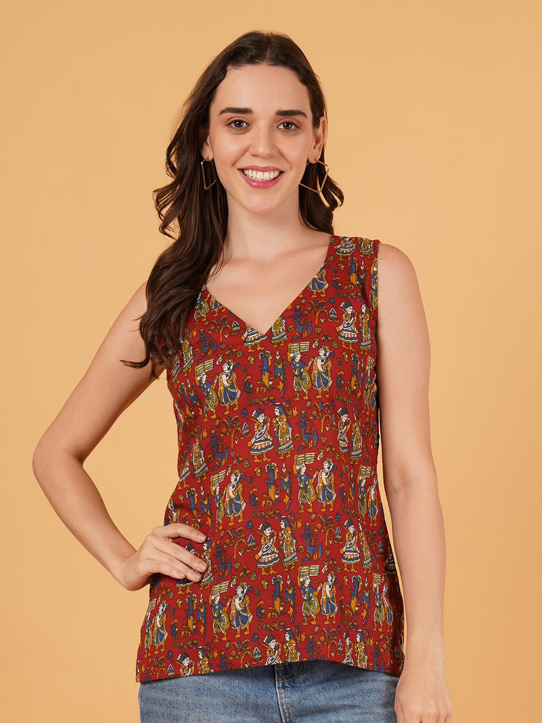 M FASHION Women Kalamkari Printed Sleeveless Pure Cotton Short Kurti