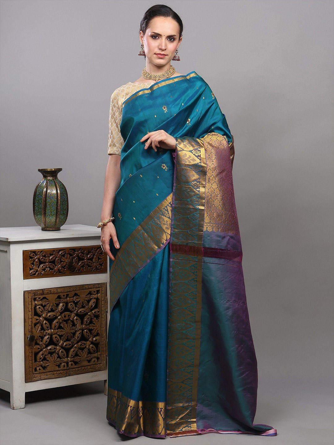 Exotic India Ocean-Depths Bootis Woven Design Zari Bangalore Art Silk Saree