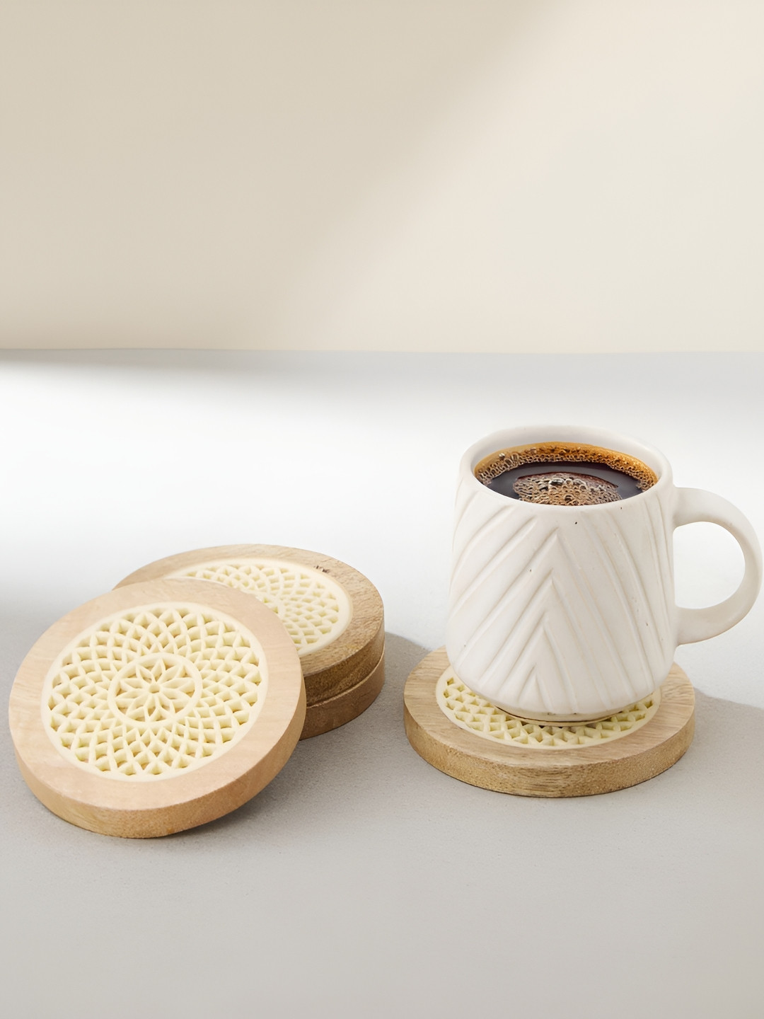 Fabindia Sarang Brown & Beige 4 Pieces Textured Wooden Coasters
