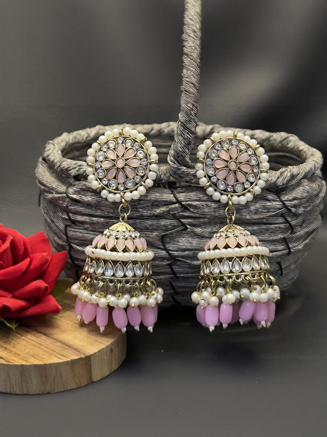 Fashion Theme Women Pink Kundan Jhumkas Earrings
