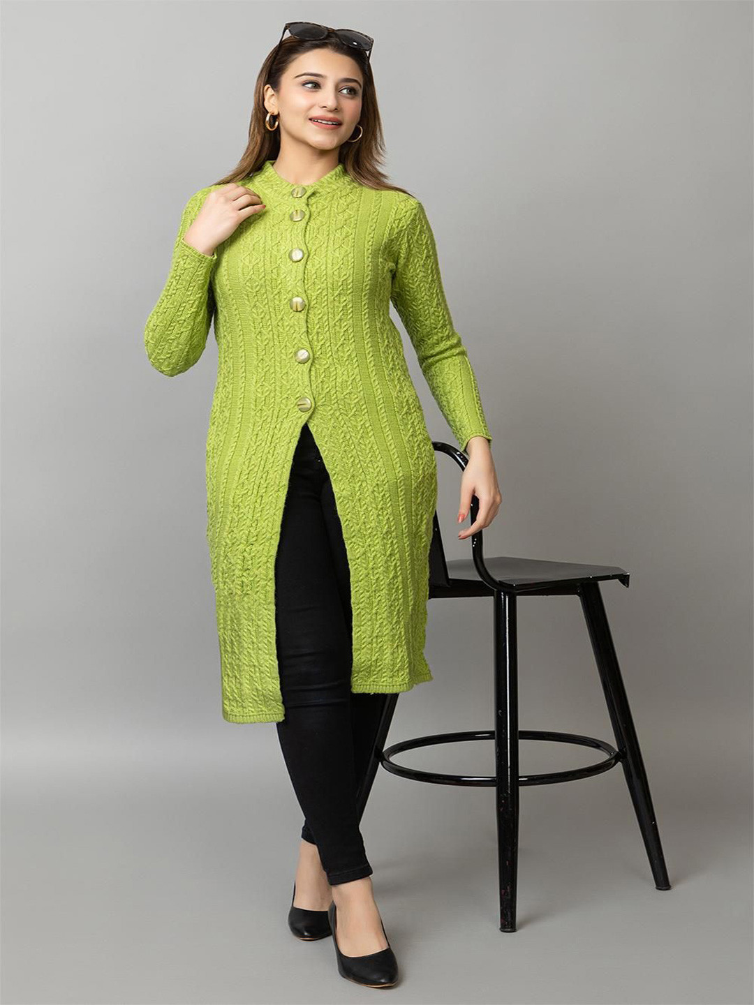 Dart Line Women Self Design Longline Cardigan