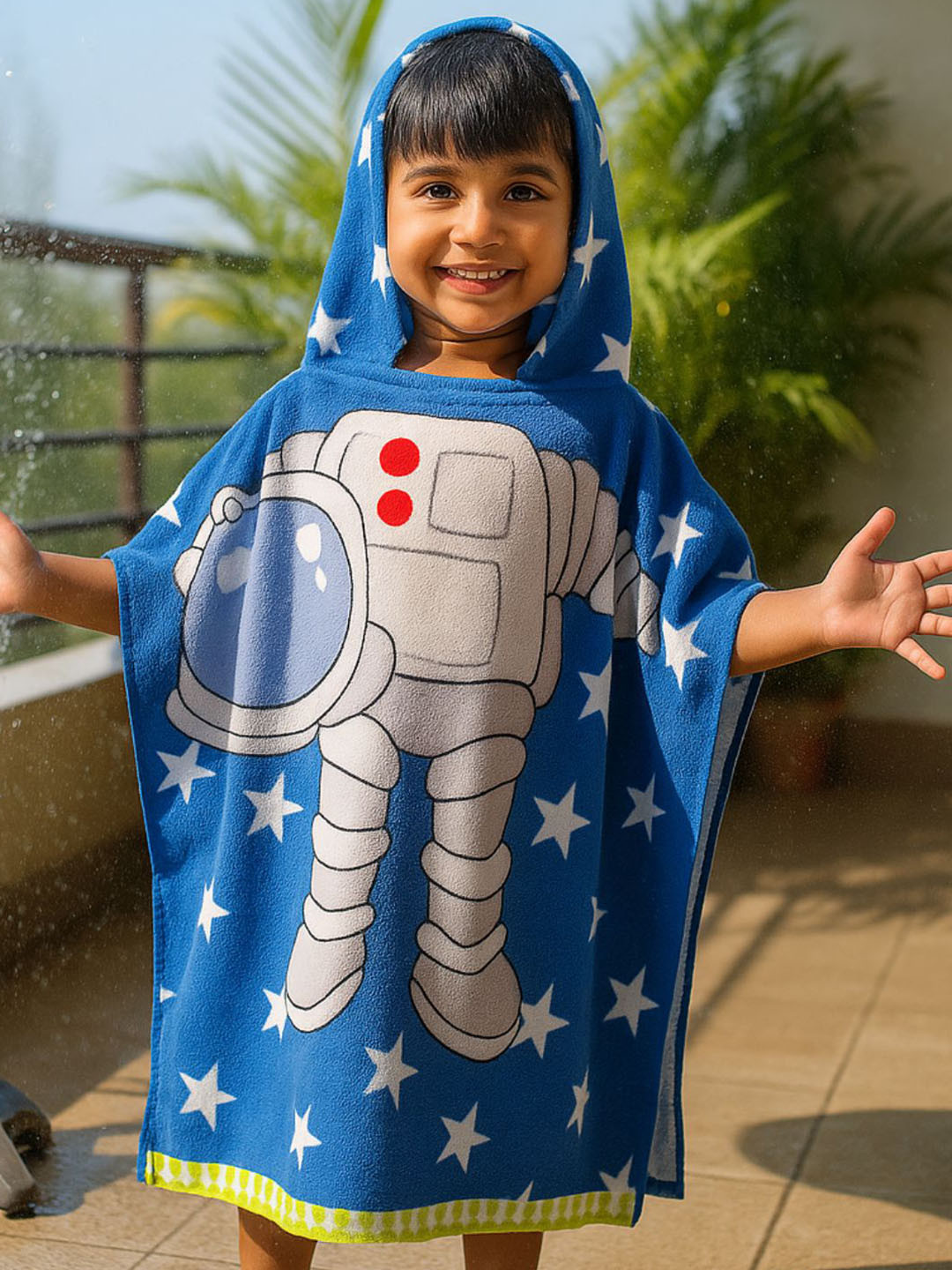 Famyo Blue & White Astronaut in Space Design Poncho Towel for Kids (1-7 years)