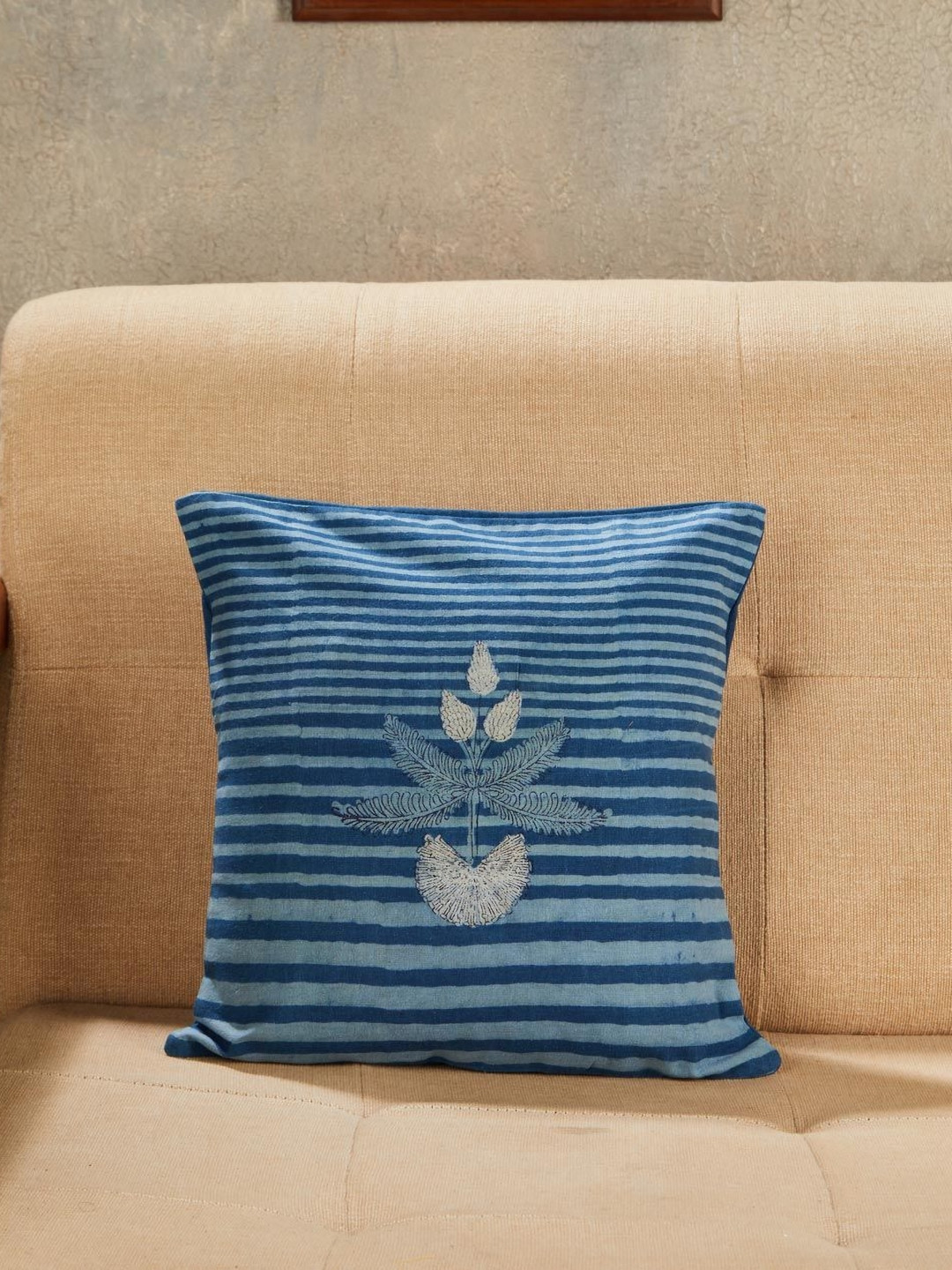 Fabindia Nayantara Dabu Blue & Grey Embroidered Cotton Square Cushion Cover