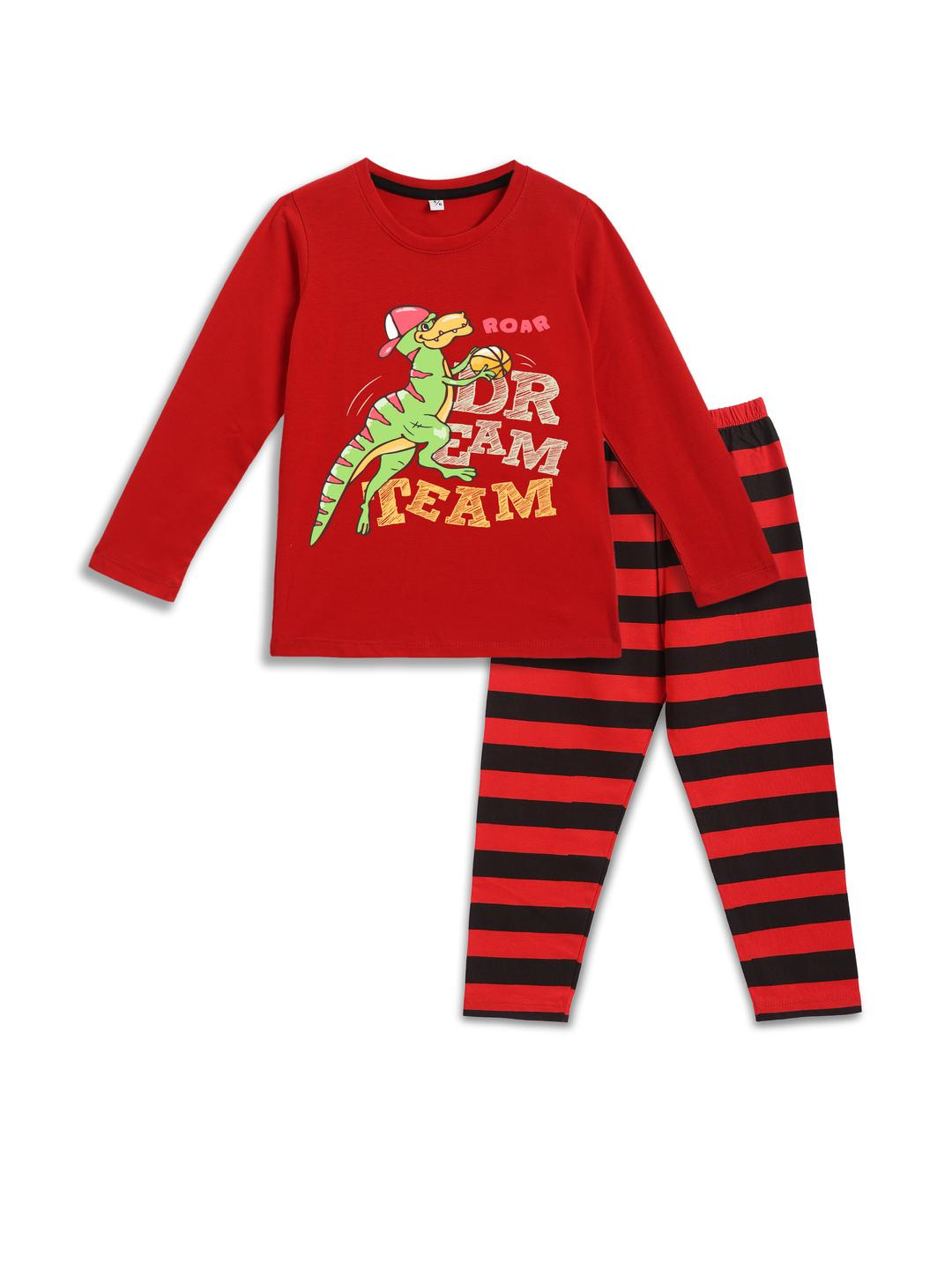 YK Boys Red Long Sleeves Pure Cotton Round Neck Night suit
