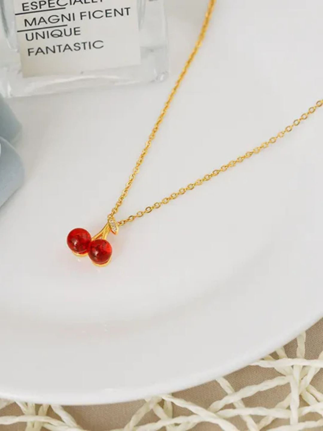 FAB COUTURE Stainless Steel Gold-Plated Artificial Stones Studded Cherry Pendant & Chain