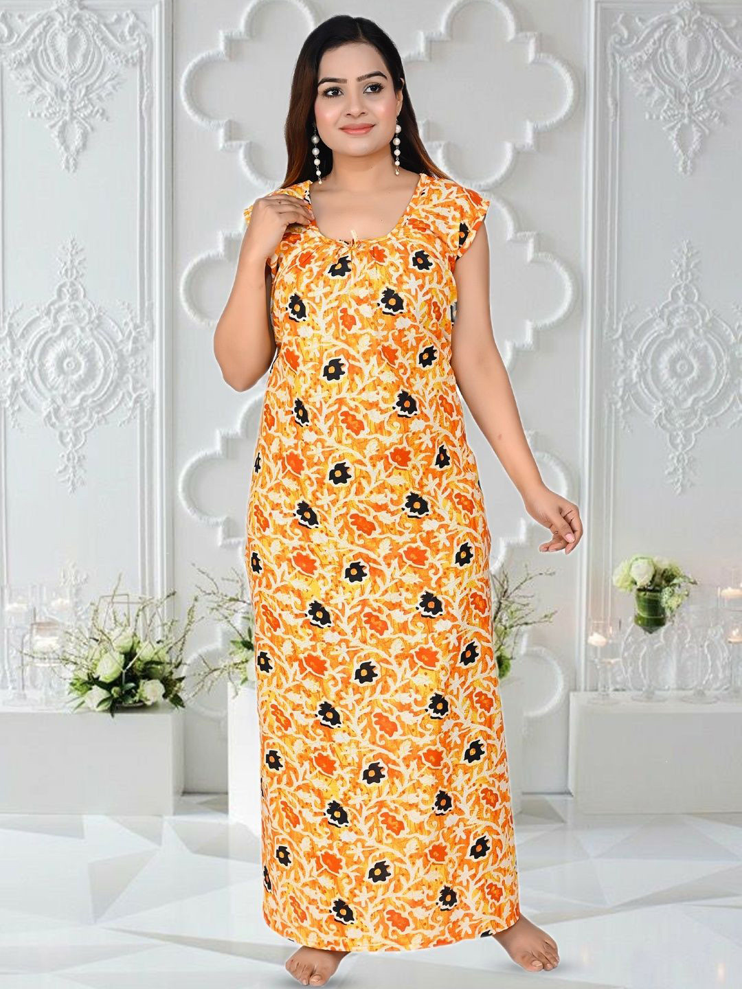 ANKONA Women Floral Printed Cotton Sleeveless Maxi Nightdress with Side Pocket