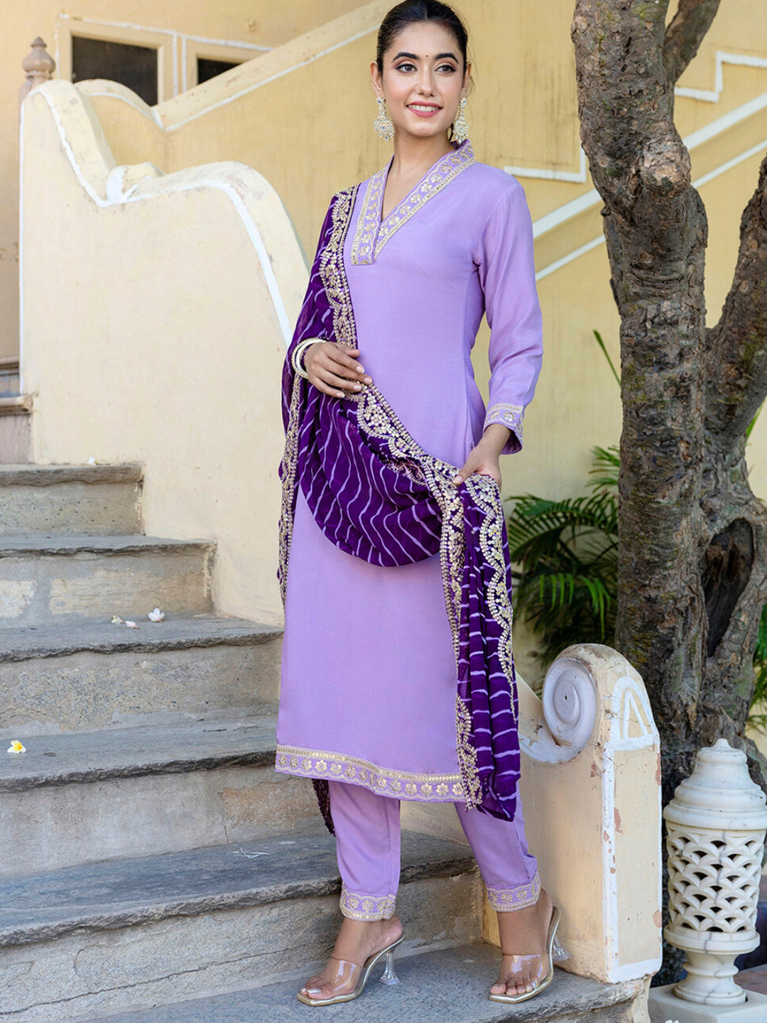 KALINI V-Neck Zari Mirror Work Kurta with Trousers & Dupatta