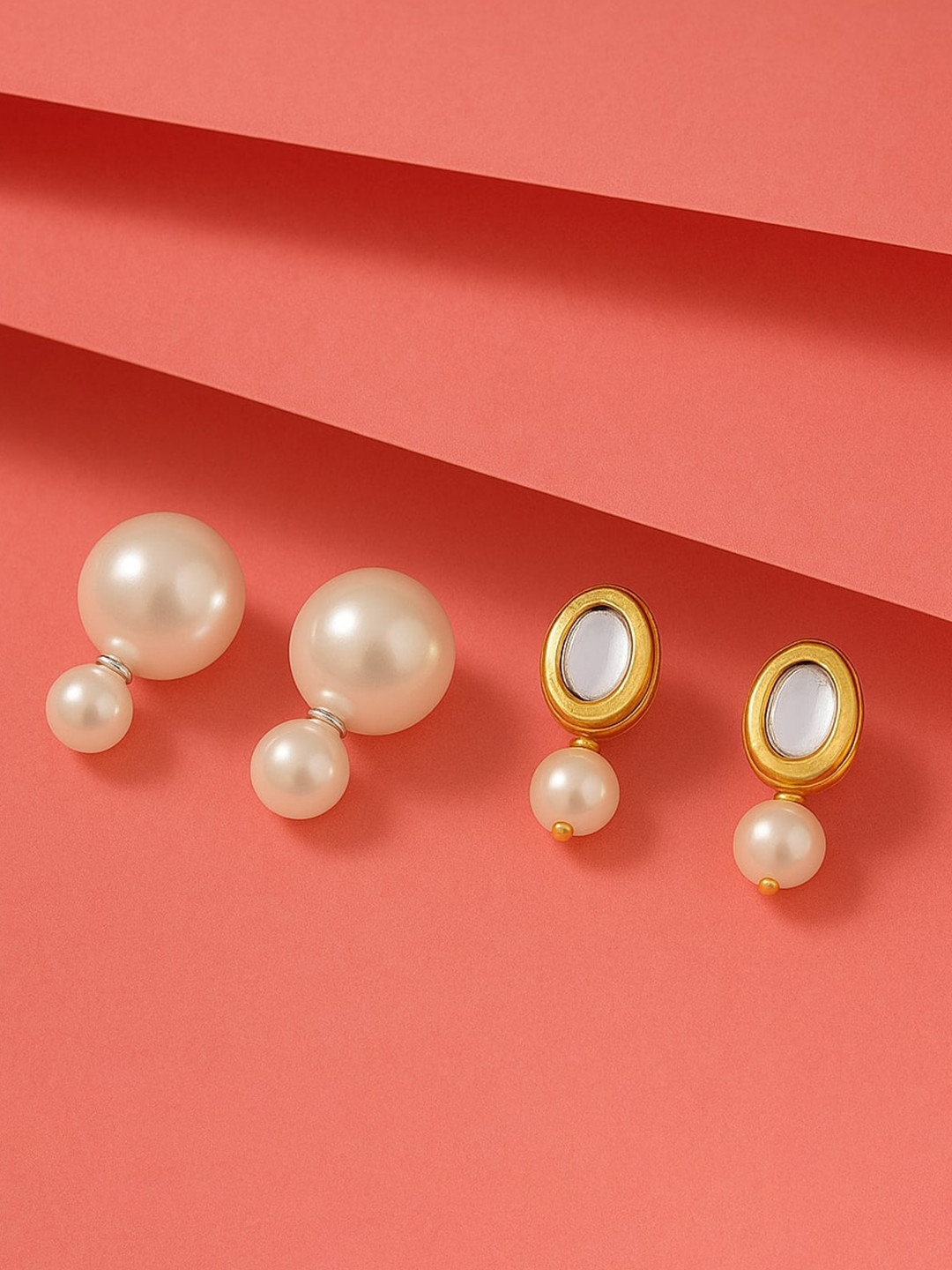 MANSIYAORANGE Set Of 2 Gold-Plated Pearls Studded Spherical Shaped Double Sided Studs