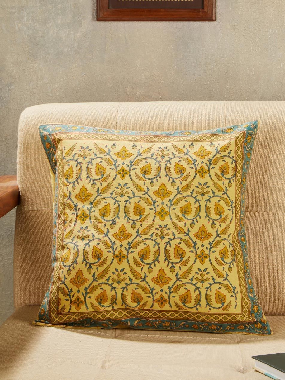 Fabindia Narfisa Yellow & Brown Printed Cotton Square Cushion Cover