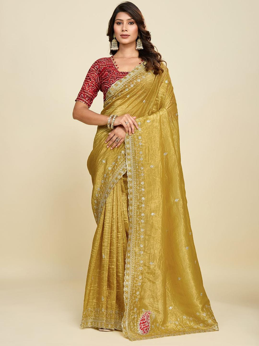 Elite Fashion Embroidered jimmy Choo Saree With Cut Wrok Border And Unstiched Blouse Piece