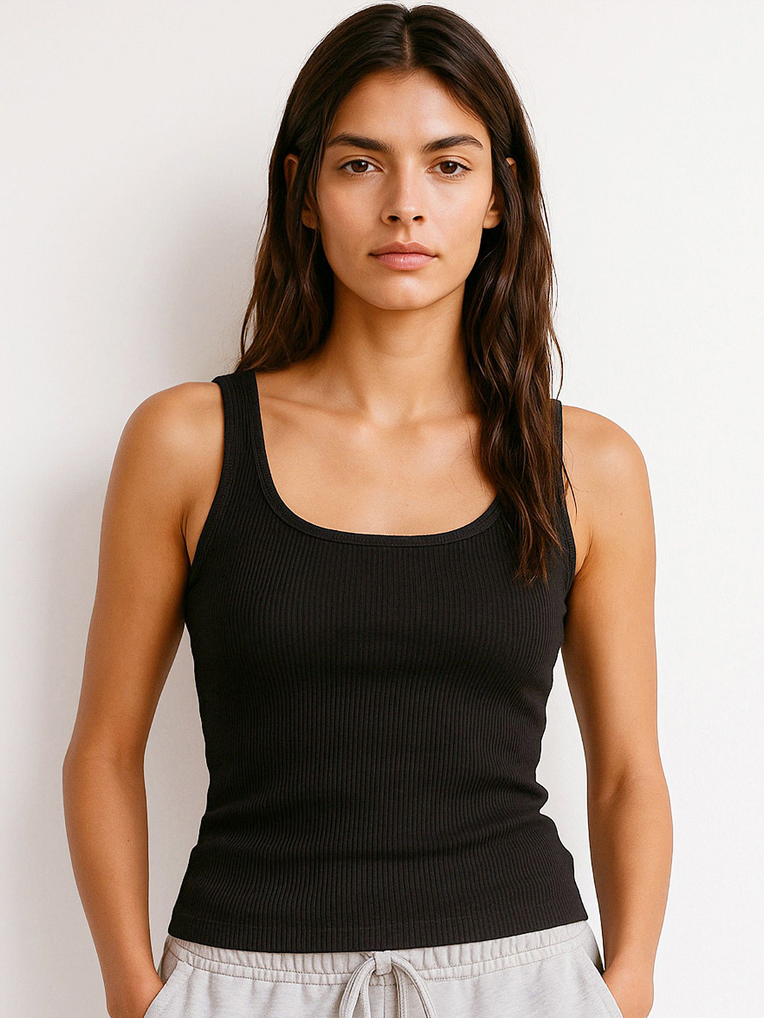 SASSAFRAS BASICS Women Ribbed Sleeveless Tank Cotton Regular Top