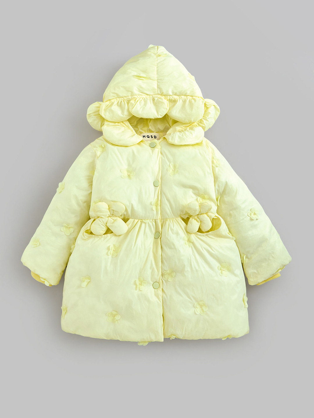 Hopscotch Girls Yellow Floral Applique Hooded Long Coat