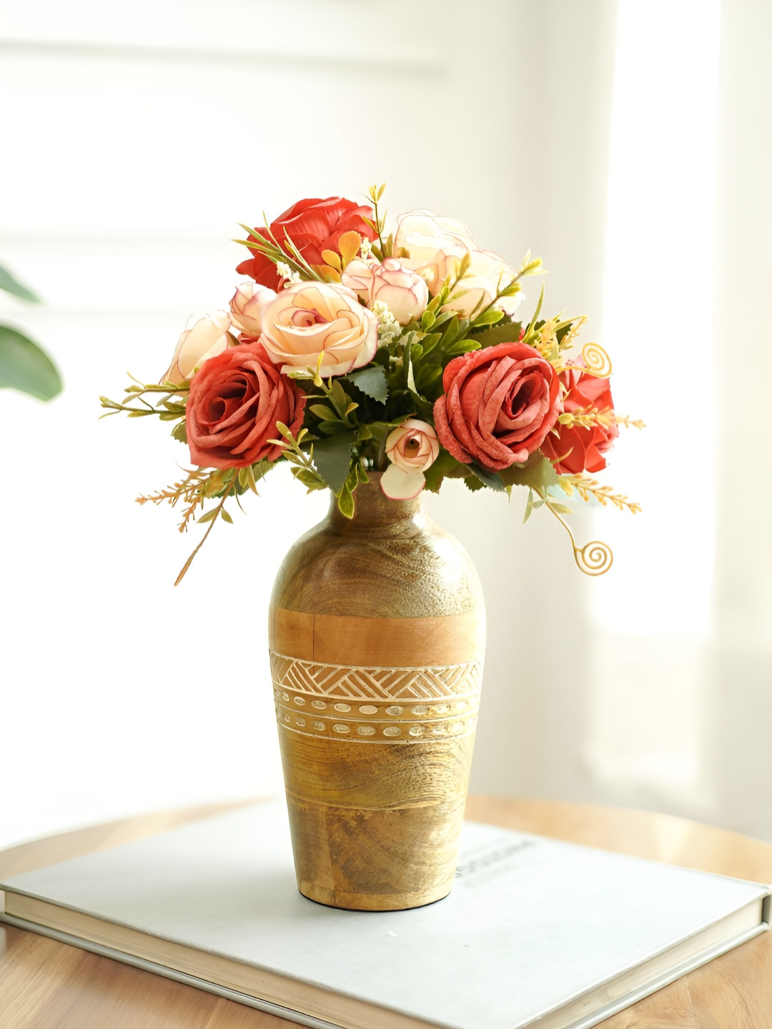 BEHOMA Brown & White Printed Mango Wooden Flower Vase