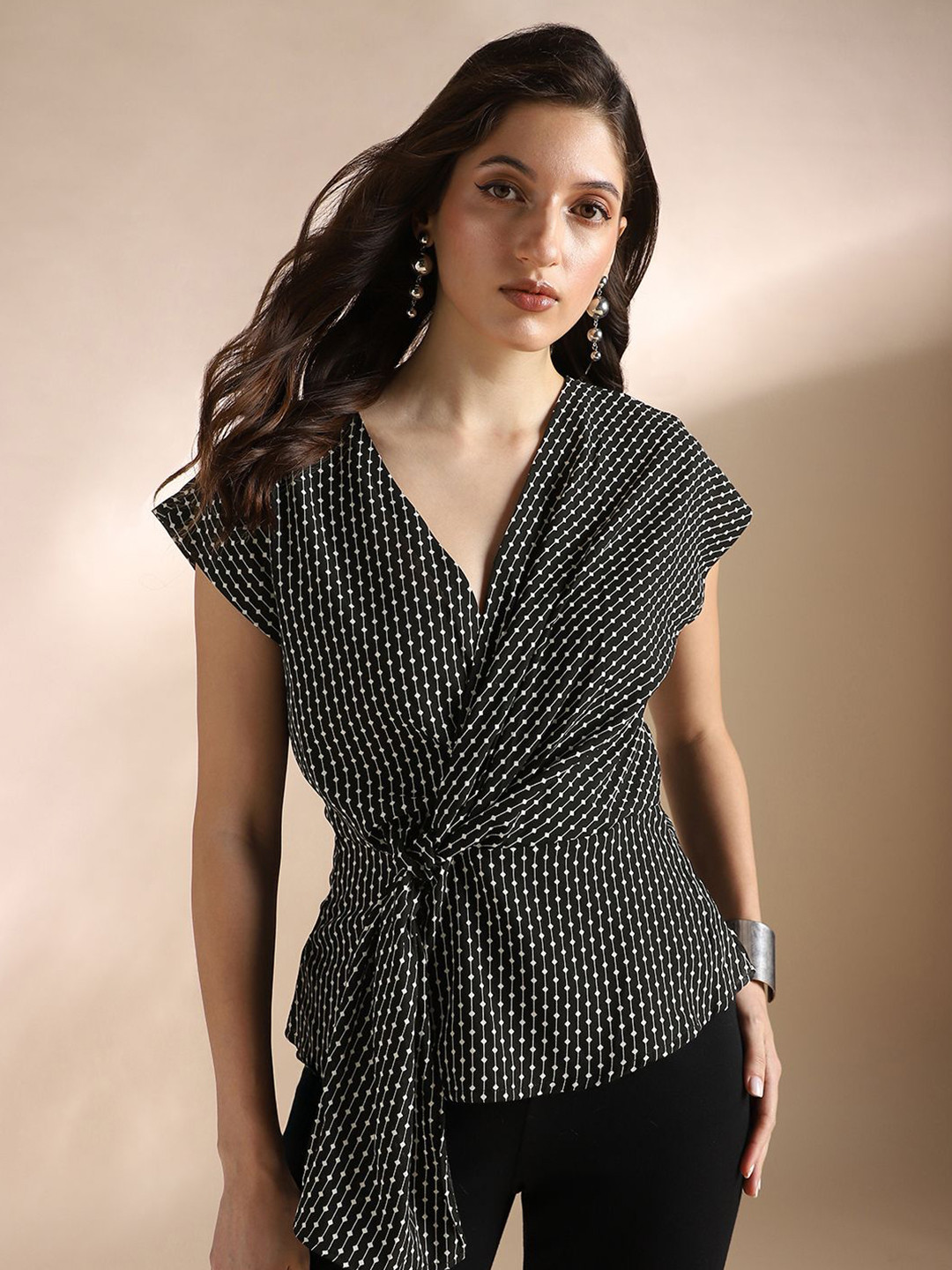 Globus Women Wrap V-Neck Extended Sleeves Printed Twisted Detail Workwear Top