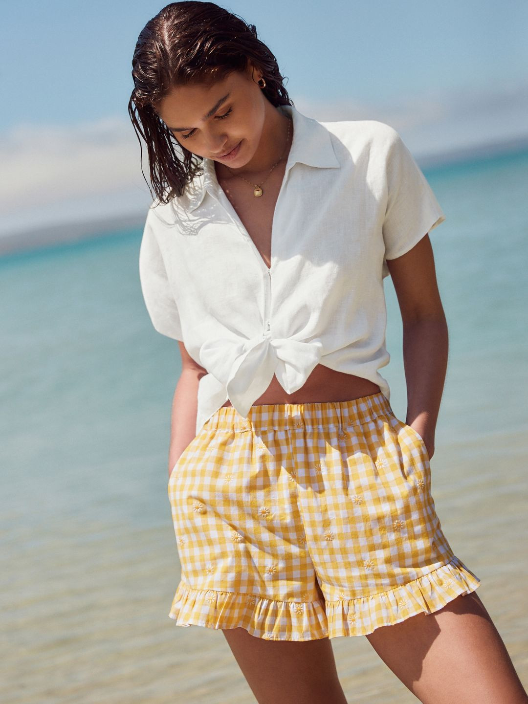 NEXT Women Knotted Pure Linen Casual Crop Shirt