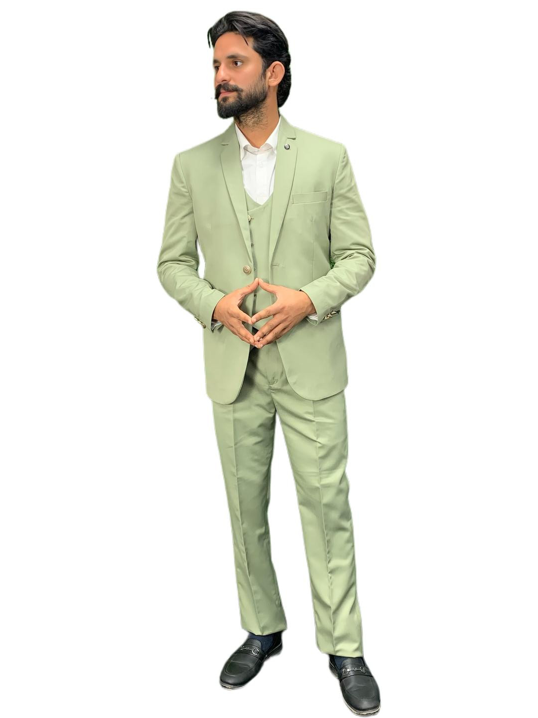 GARGIAN Master Cut Men Green Notched Lapel Polyester Blazer With Waistcoat & Trouser