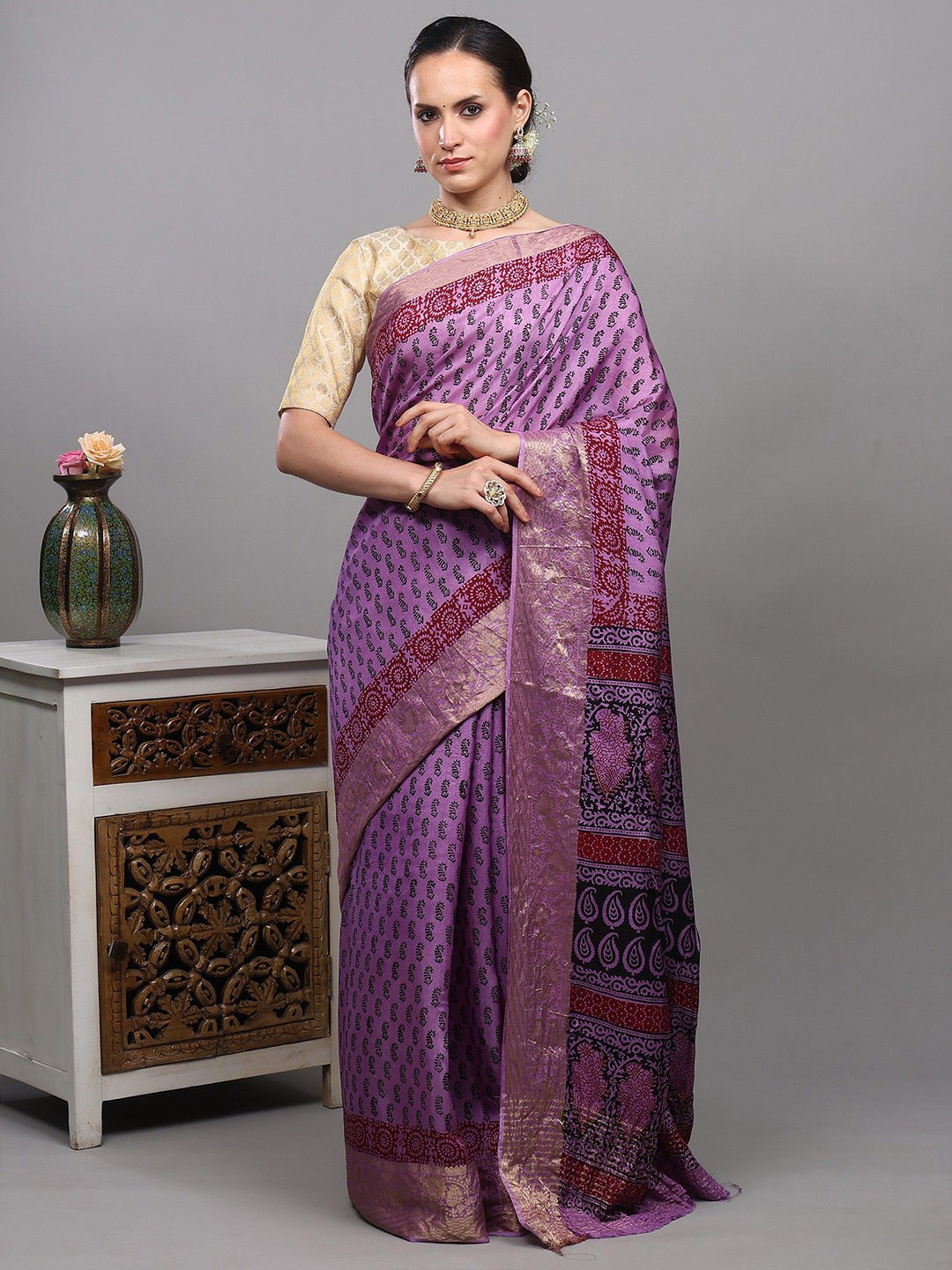 Exotic India Regal-Orchid Paisley Printed Zari Work Floral Vine Border Dola Silk Saree