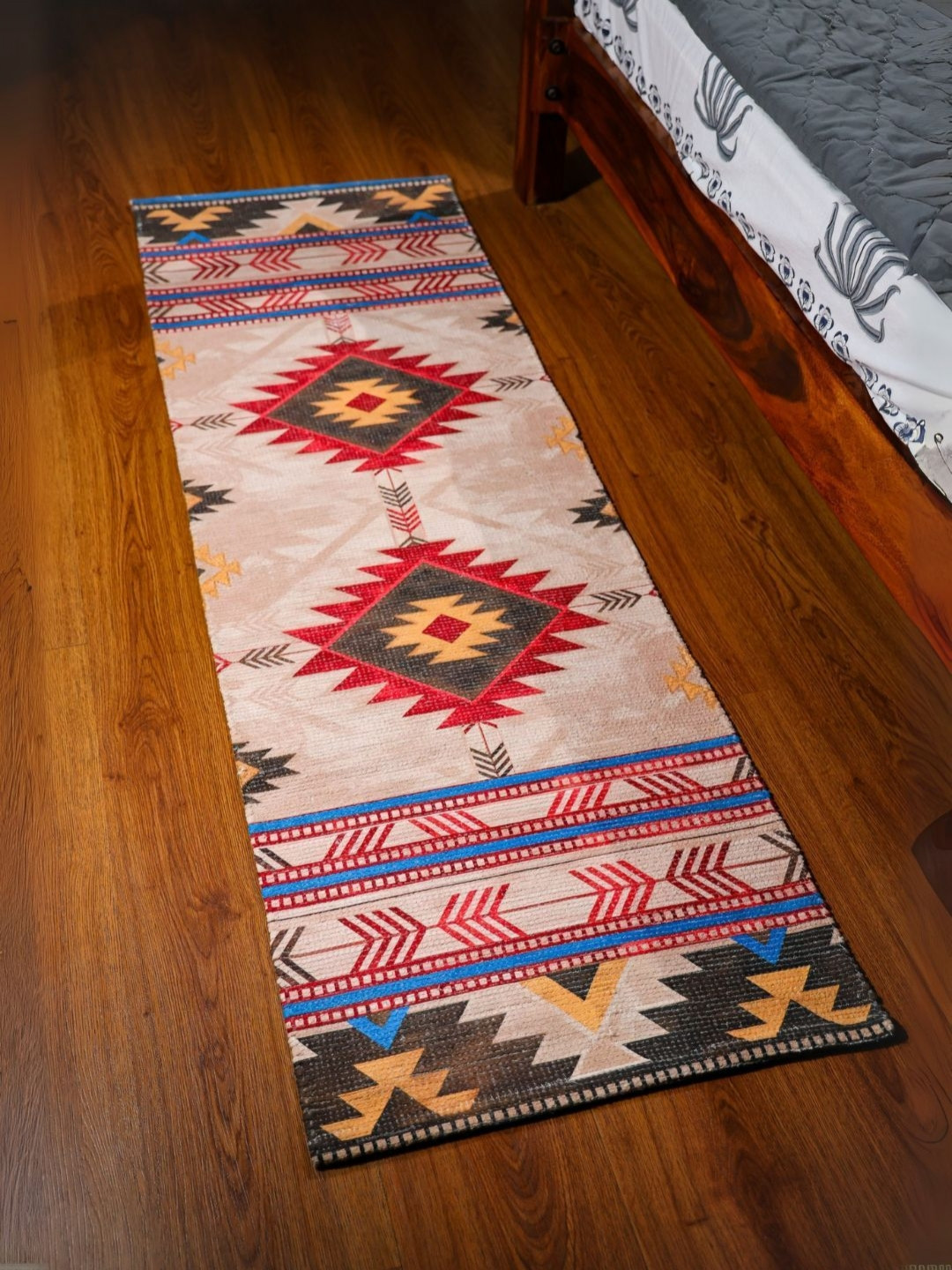 Mona B Red & Beige Printed Vintage Dhurrie Rug Runner