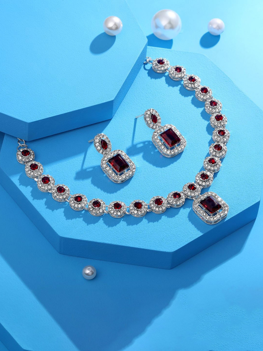 Atasi International Rhodium-Plated Ruby Diamond Studded Necklace and Earrings