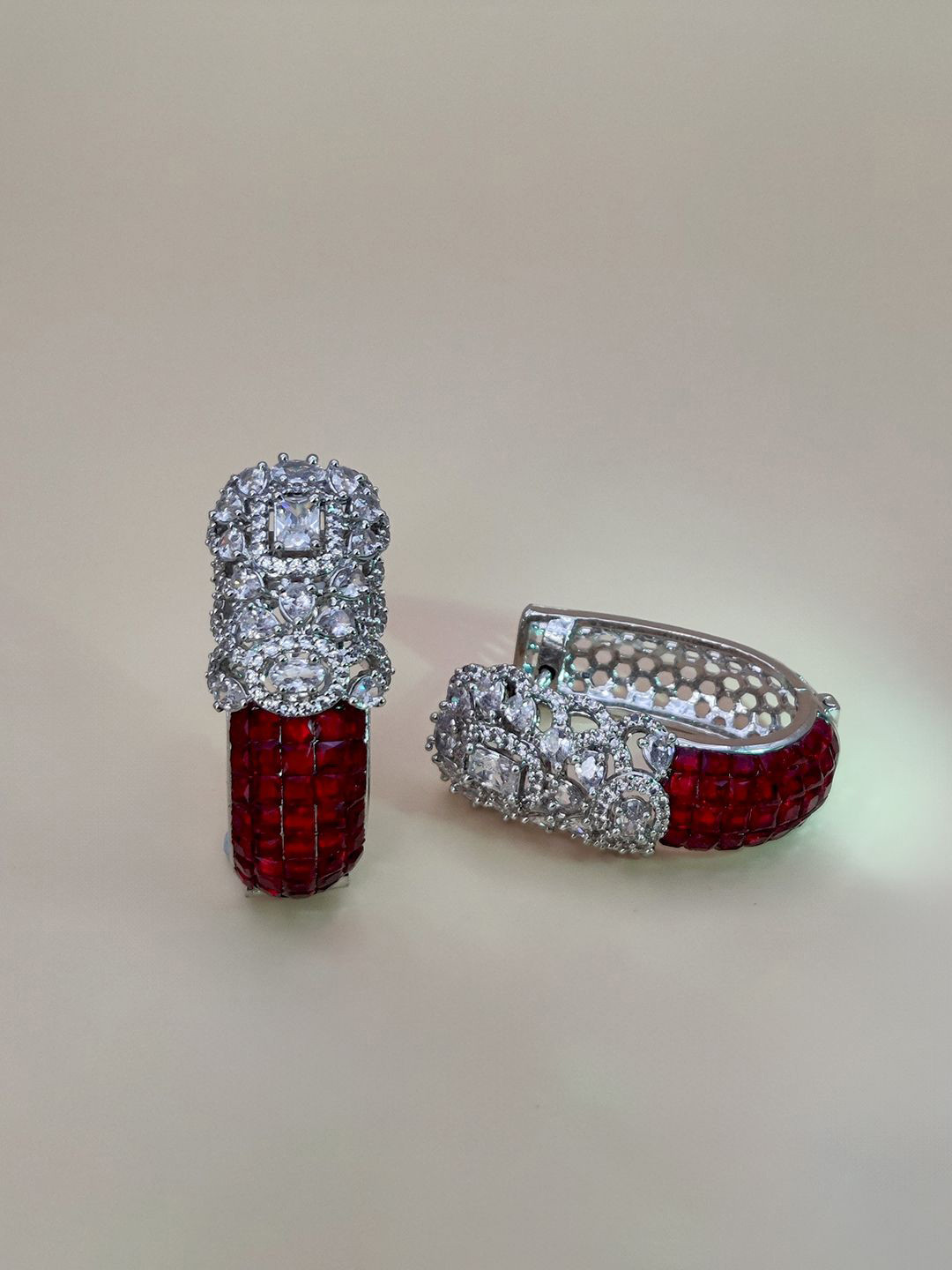 Ruh By Ruchi Tandon Rhodium-Plated Zircon Studded Contemporary Hoop Earrings