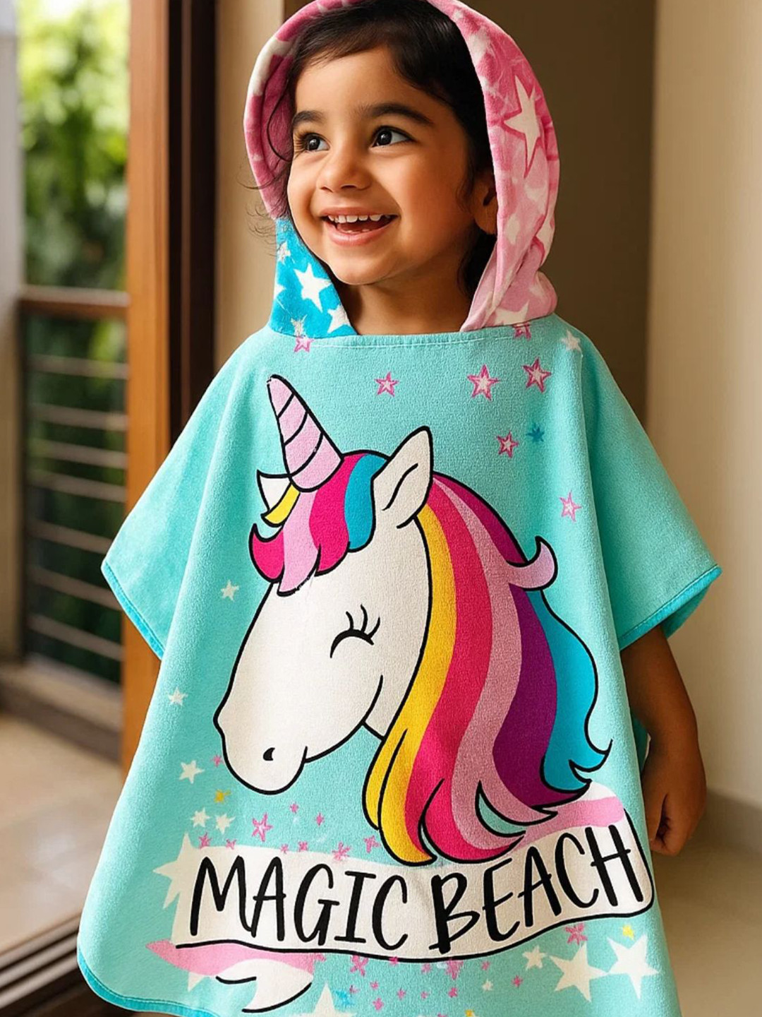 Famyo Sea Green & White Magic Beach Pink Unicorn Design Poncho Towel for Kids (1-7 years)