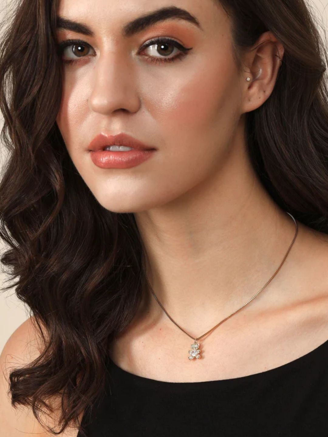 FAB COUTURE Stainless Steel Gold-Plated Zircon Waterproof Bear Shaped Pendant & Chain