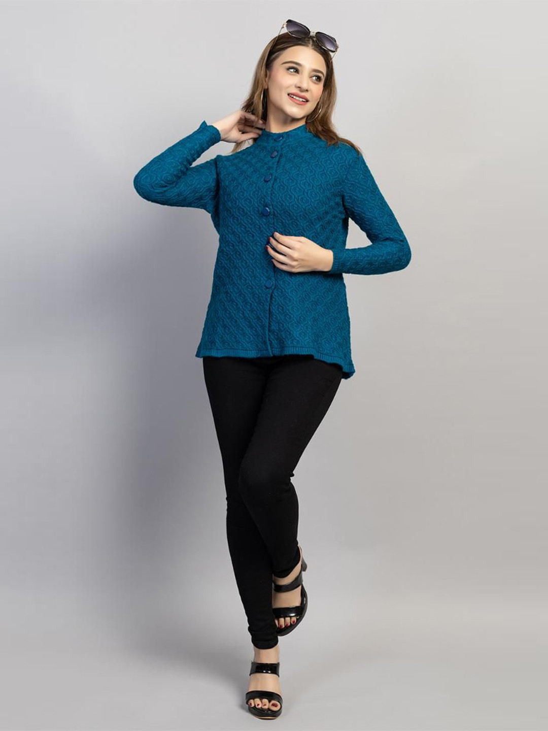 Dart Line Women Geometric Self Design Round Neck Cardigan