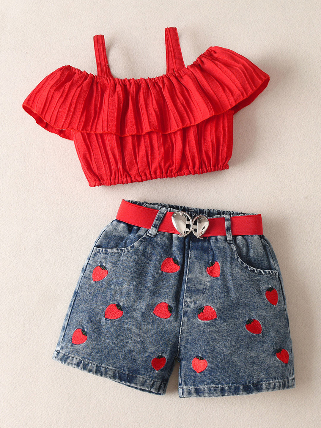 2-Piece Strawberry Embroidered Shorts and Blouse