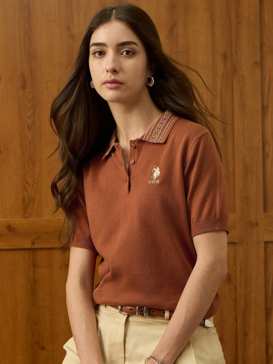 U.S. Polo Assn. Women Solid Polo Collar Pure Cotton Relaxed Fit T-shirt