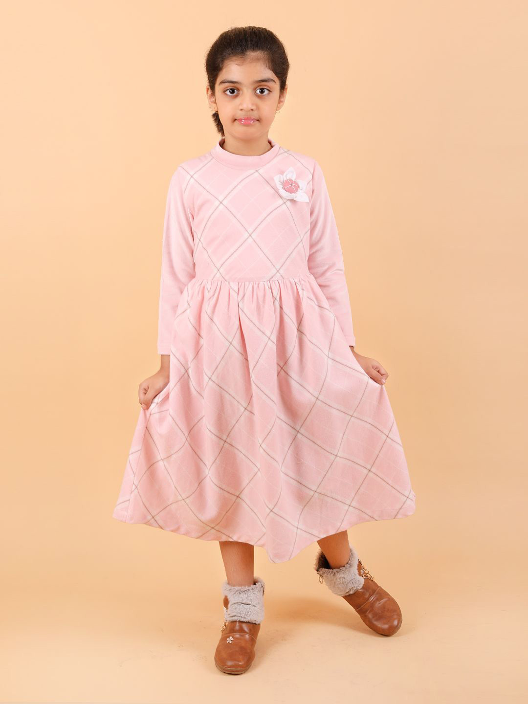 CALYX CLOTHING Girls Checked Full-Sleeved Midi-Length Cotton Dress