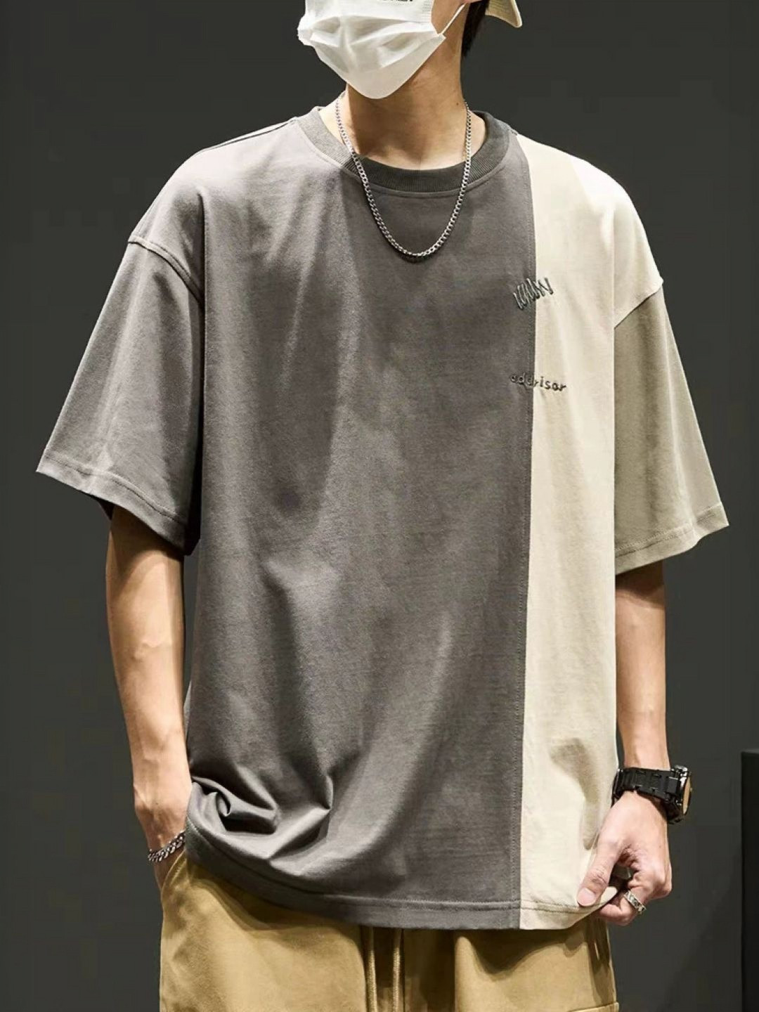 Grey and Cream Colourblocked Round Neck T-shirt