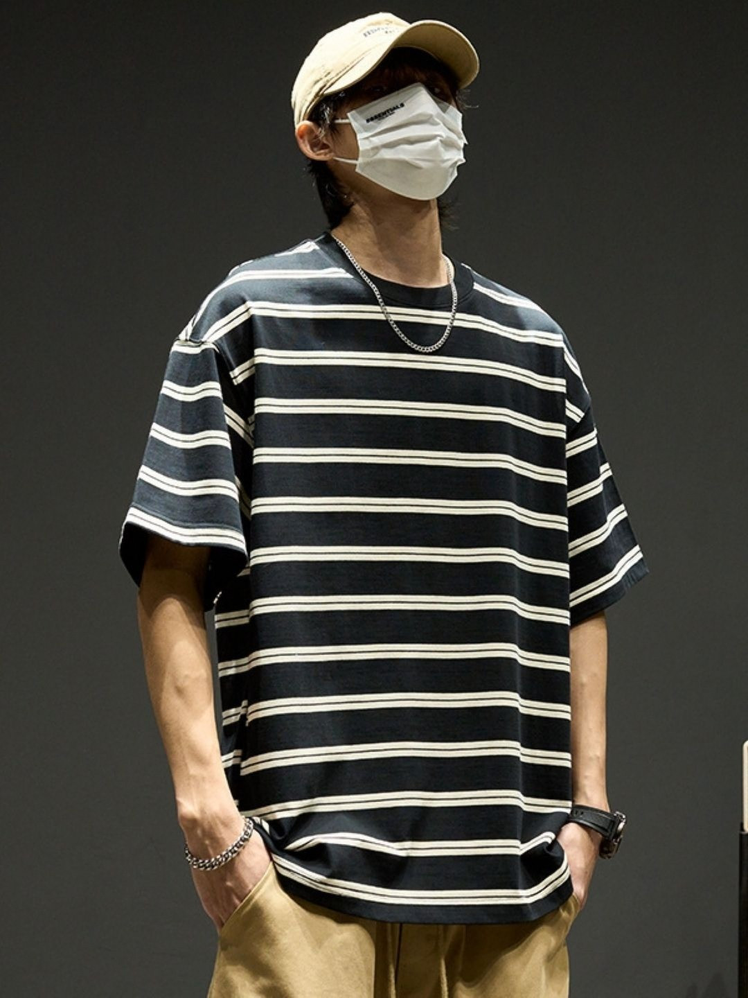 Black Striped Oversized T-shirt with Drop-Shoulder Sleeves