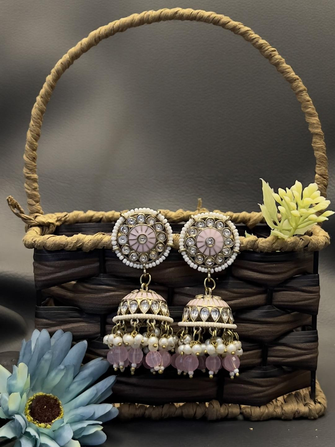 Fashion Theme Women Baby Pink Kundan Jhumka Earrings