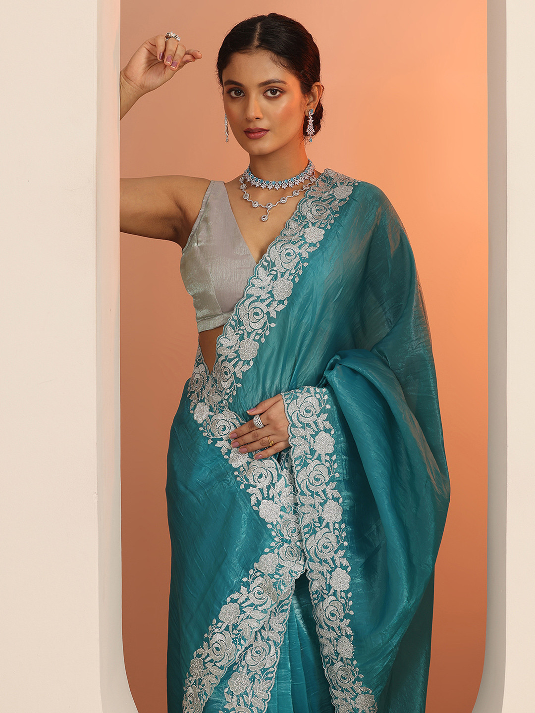 Libas Blue Embroidered Organza Saree With Unstitched Blouse Piece