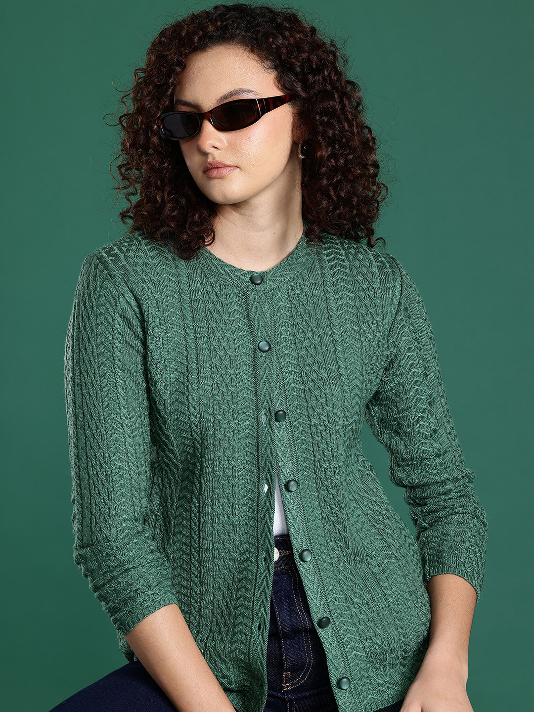 Cayman Cable Knit Round Neck Button-Down Cardigan