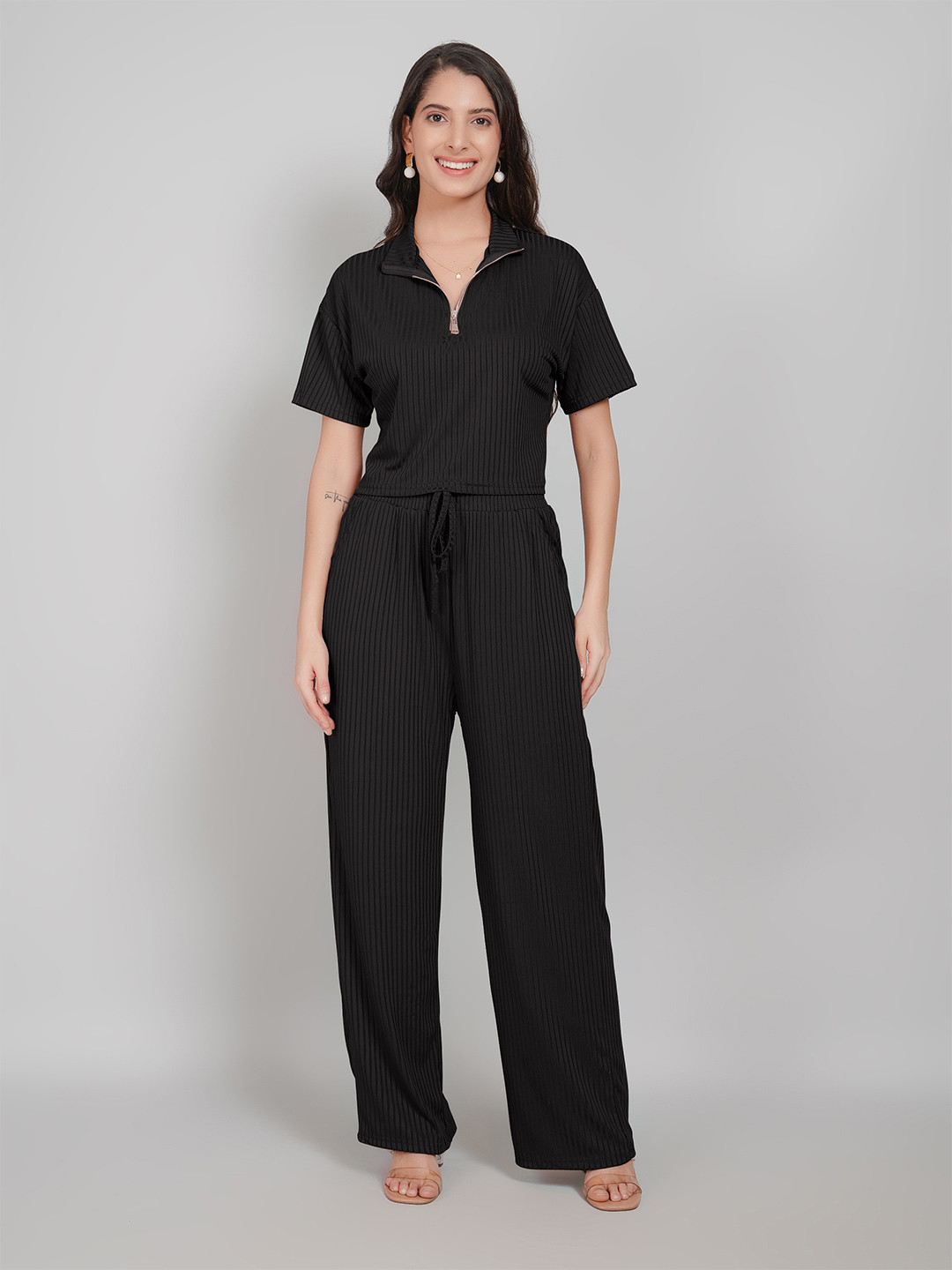 Stem Rope Polo Collar Neck Top With Trousers Co-Ords
