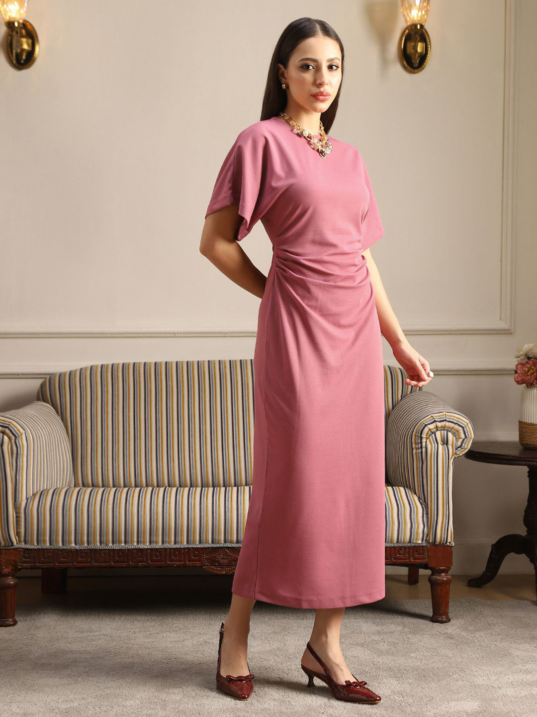 Globus Women Pleated Pink Round Neck Formal Bodycon Midi Workwear