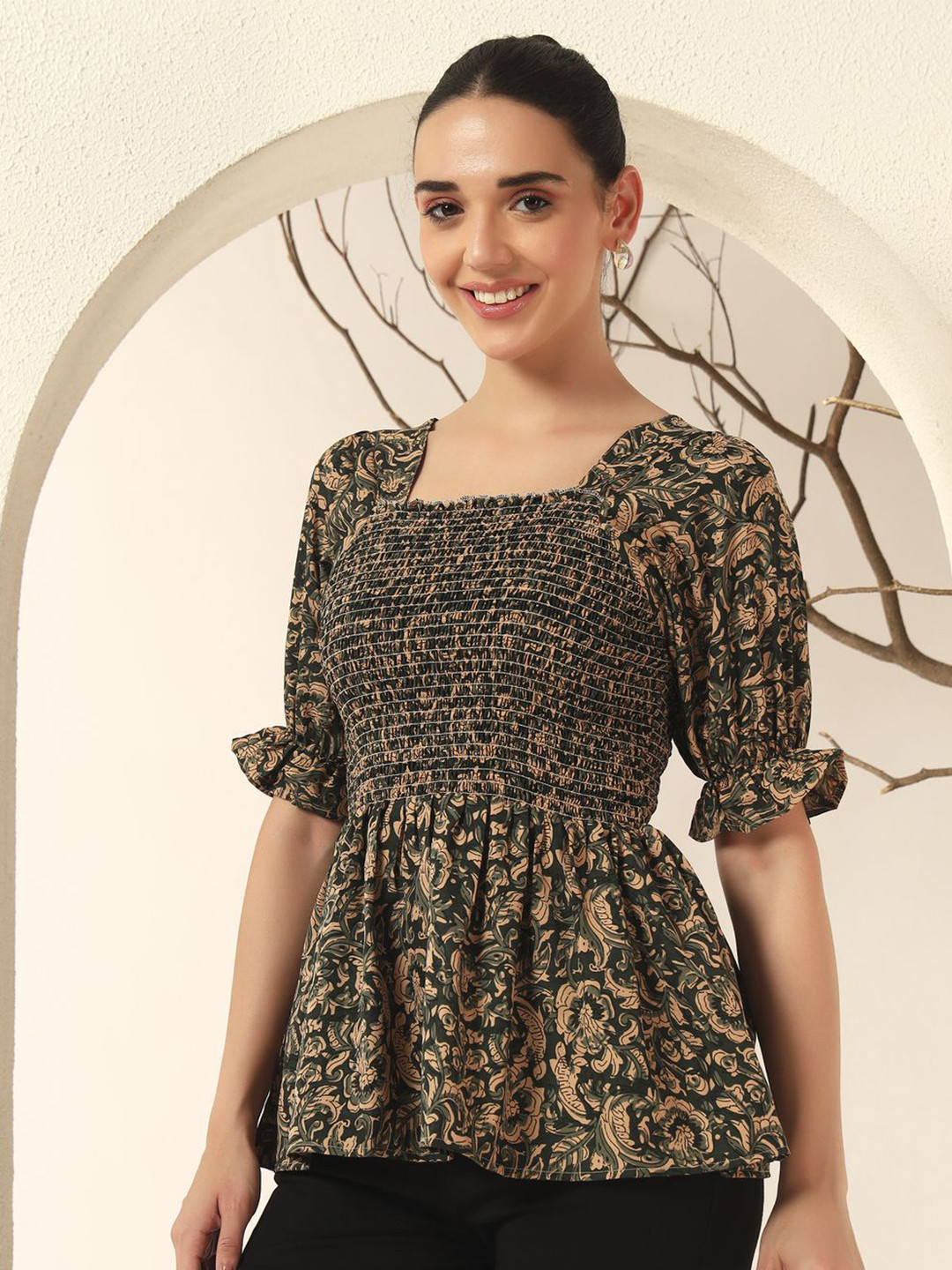 OTABU Ethnic Motifs Print Puff Sleeve Smocked Peplum Top
